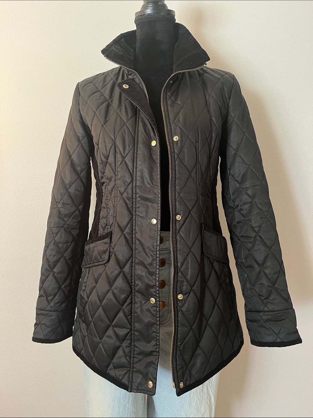 Vince Camuto Quilted Riding Coat, black, size S, velvet trim